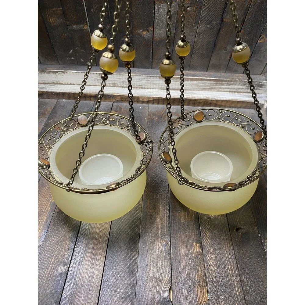 PartyLite Frosted Amber Glass Hanging Votive Candle Holders Pair Ornate Brass - Picture 2 of 9